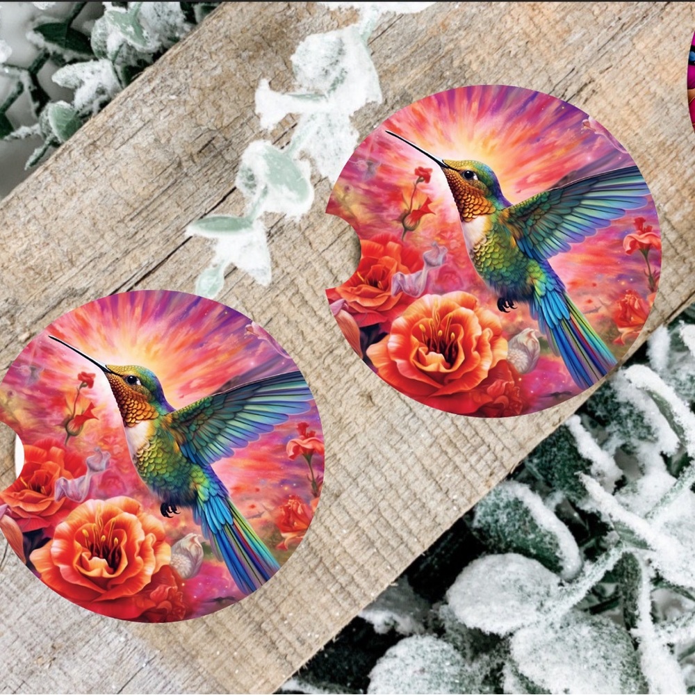 Handmade Hummingbird Car Coasters | New Set Of Two Sublimated Car Coasters